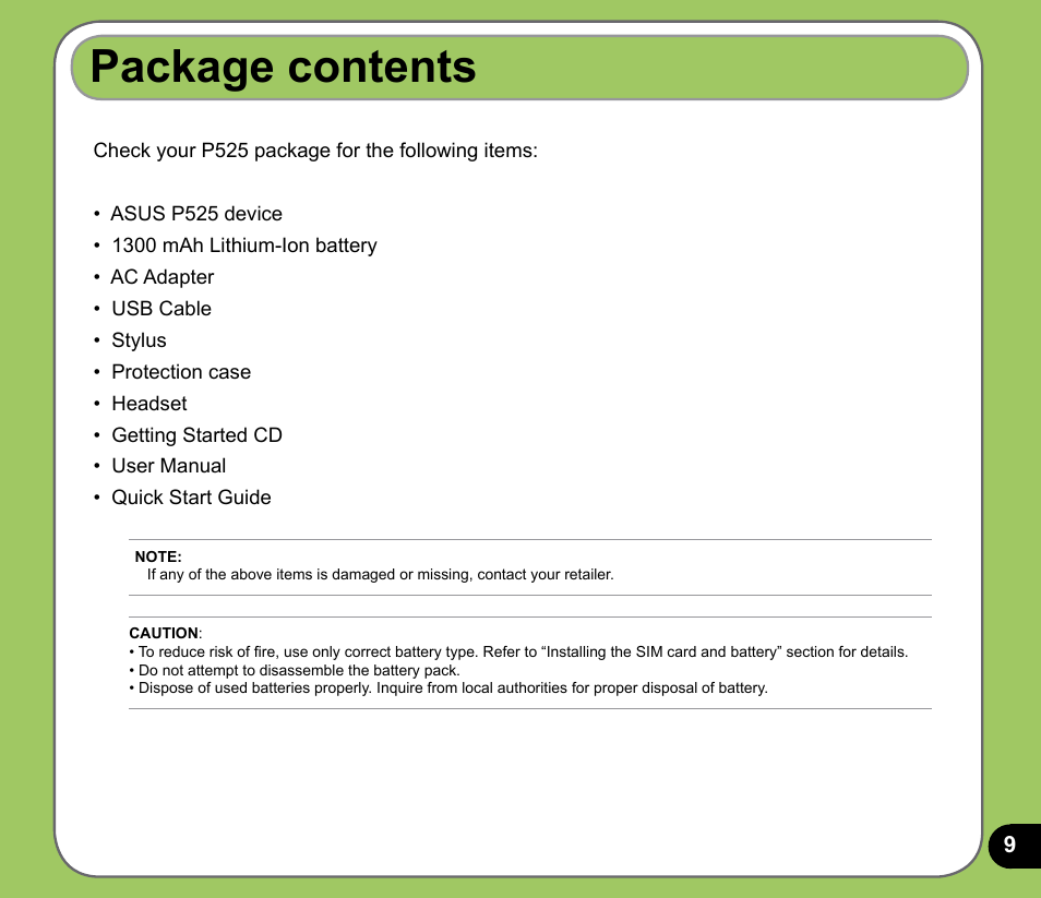 Package contents | Asus P525 User Manual | Page 9 / 134