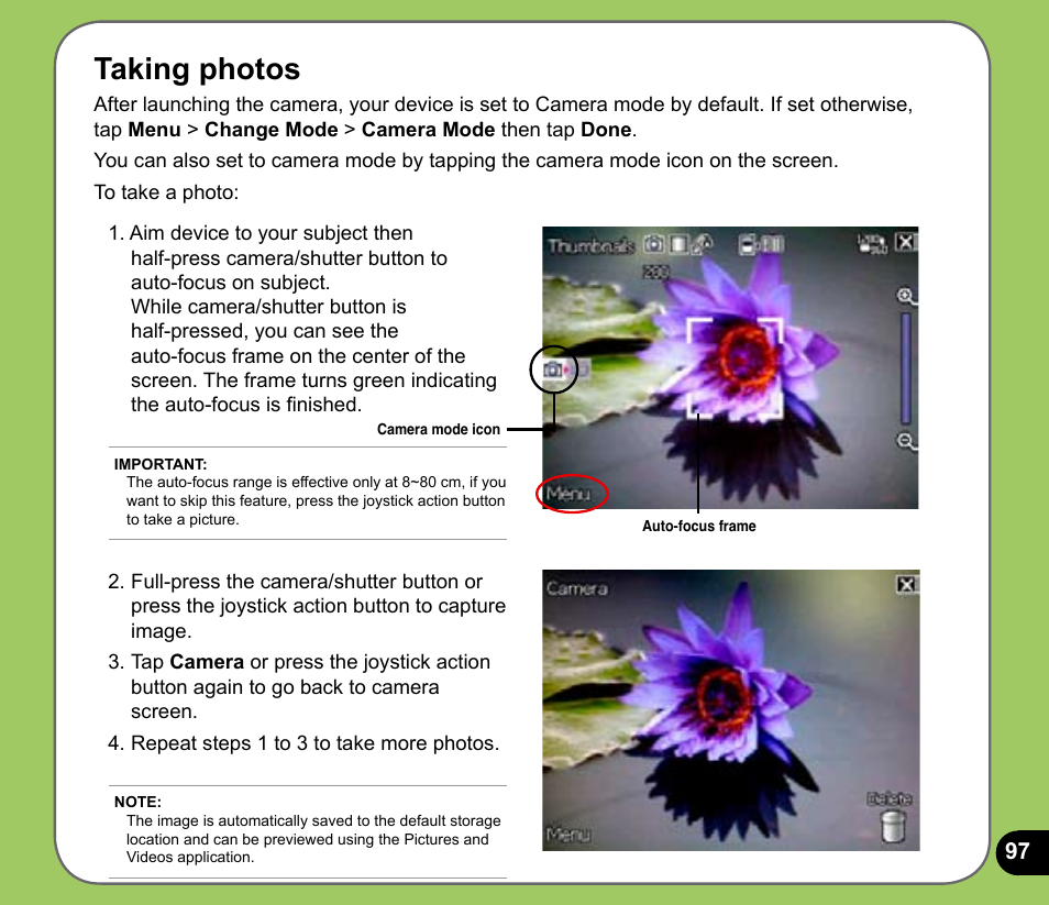 Taking photos | Asus P525 User Manual | Page 97 / 134