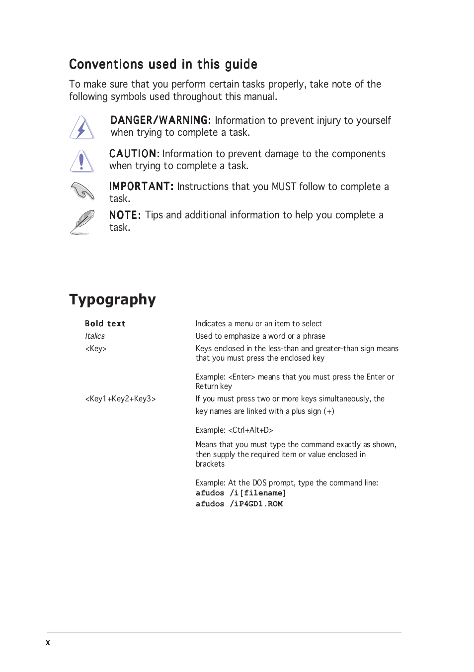 Typography, Conventions used in this guide | Asus P4GD1 User Manual | Page 10 / 122