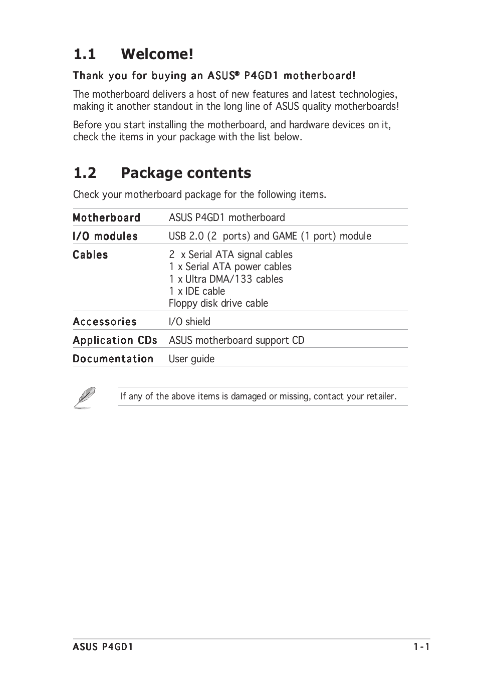 1 welcome, 2 package contents | Asus P4GD1 User Manual | Page 15 / 122