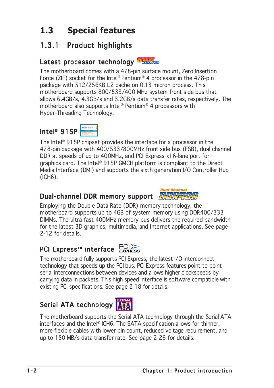 3 special features | Asus P4GD1 User Manual | Page 16 / 122