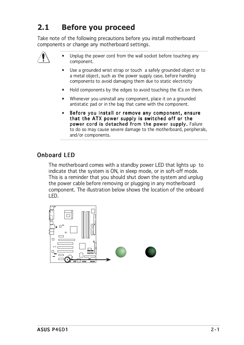 1 before you proceed, Onboard led | Asus P4GD1 User Manual | Page 21 / 122