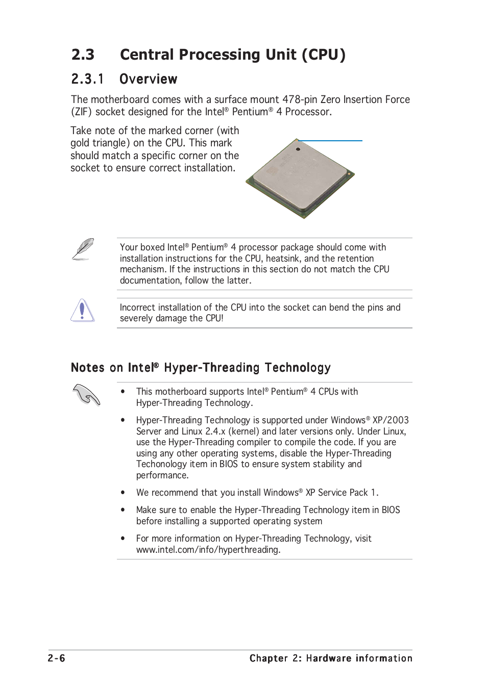 3 central processing unit (cpu), 1 overview overview overview overview overview, Hyper-threading technology | Asus P4GD1 User Manual | Page 26 / 122