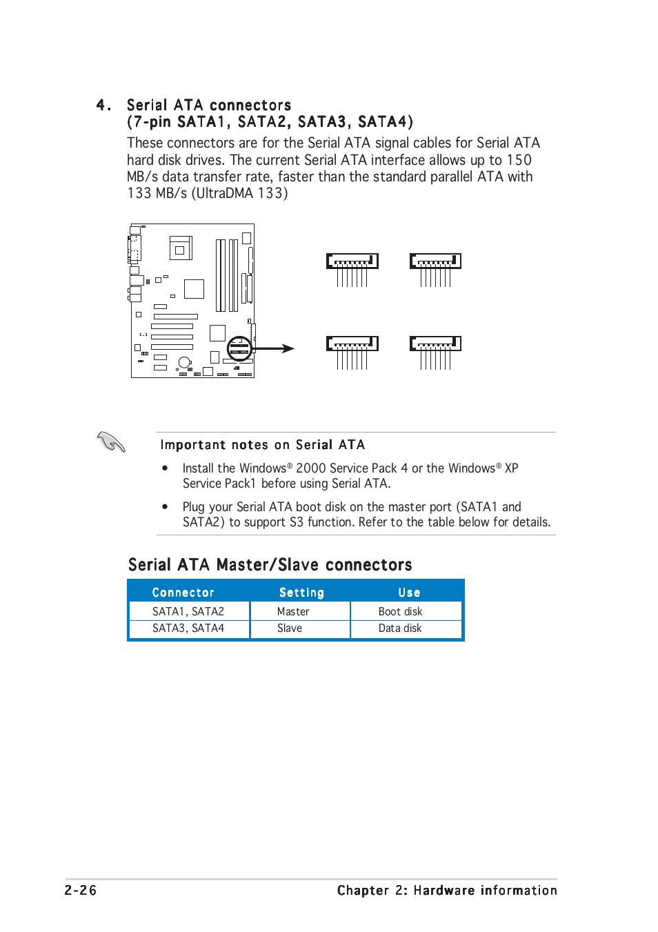 Serial ata master/slave connectors, P4gd1 sata connectors sata1, Sata4 | Sata3, Sata2 | Asus P4GD1 User Manual | Page 46 / 122