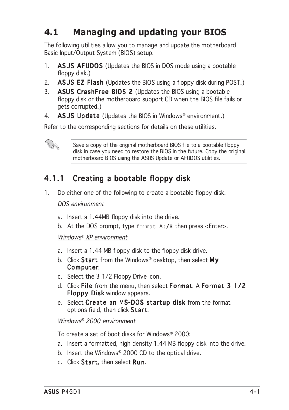 1 managing and updating your bios | Asus P4GD1 User Manual | Page 59 / 122