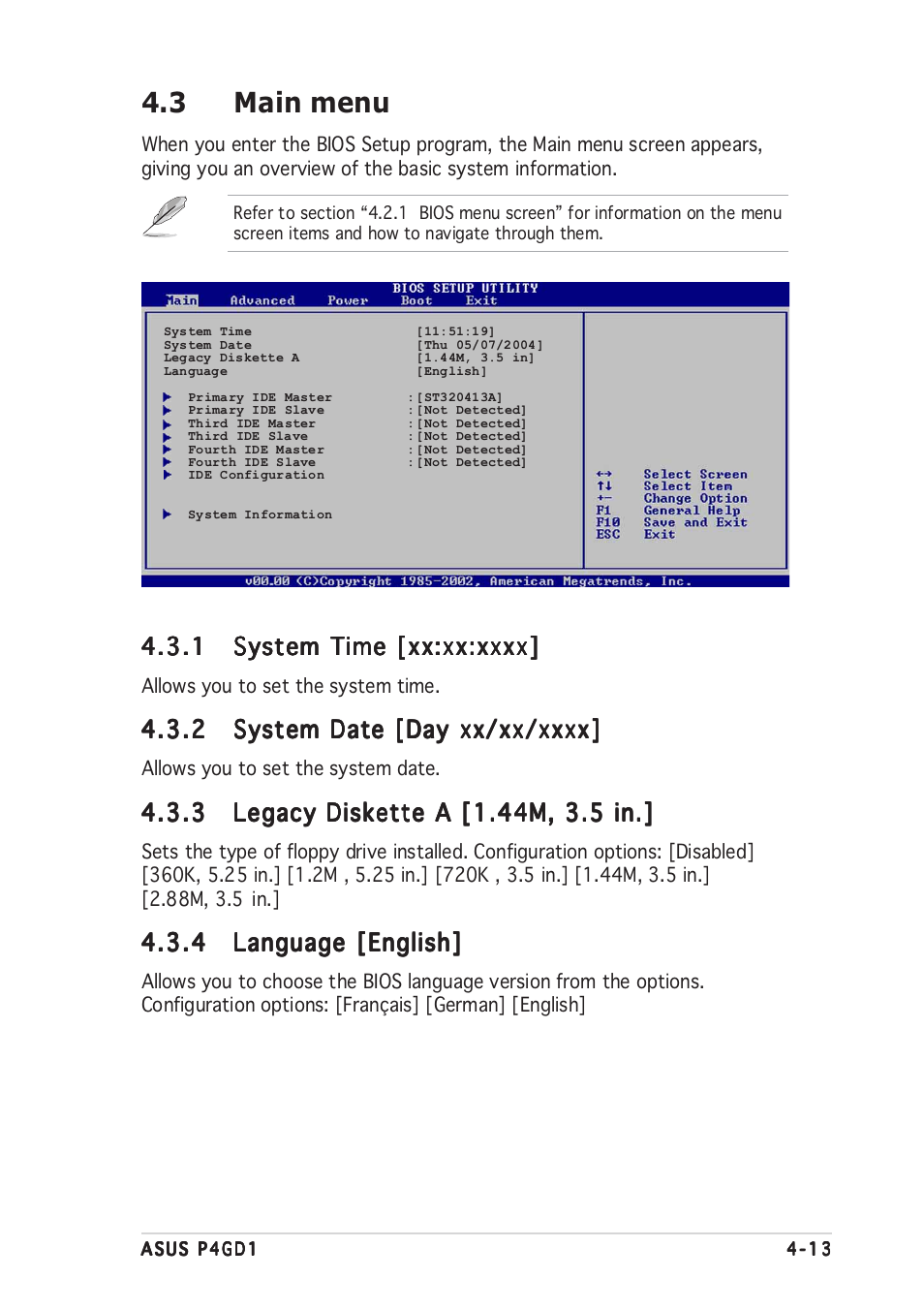 3 main menu | Asus P4GD1 User Manual | Page 71 / 122