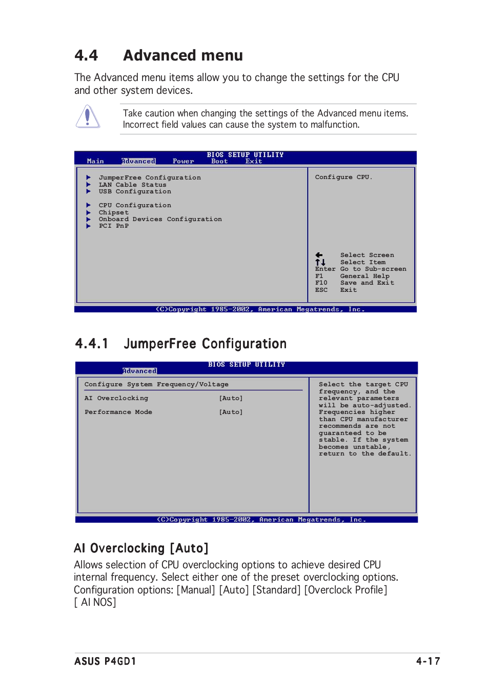 4 advanced menu | Asus P4GD1 User Manual | Page 75 / 122