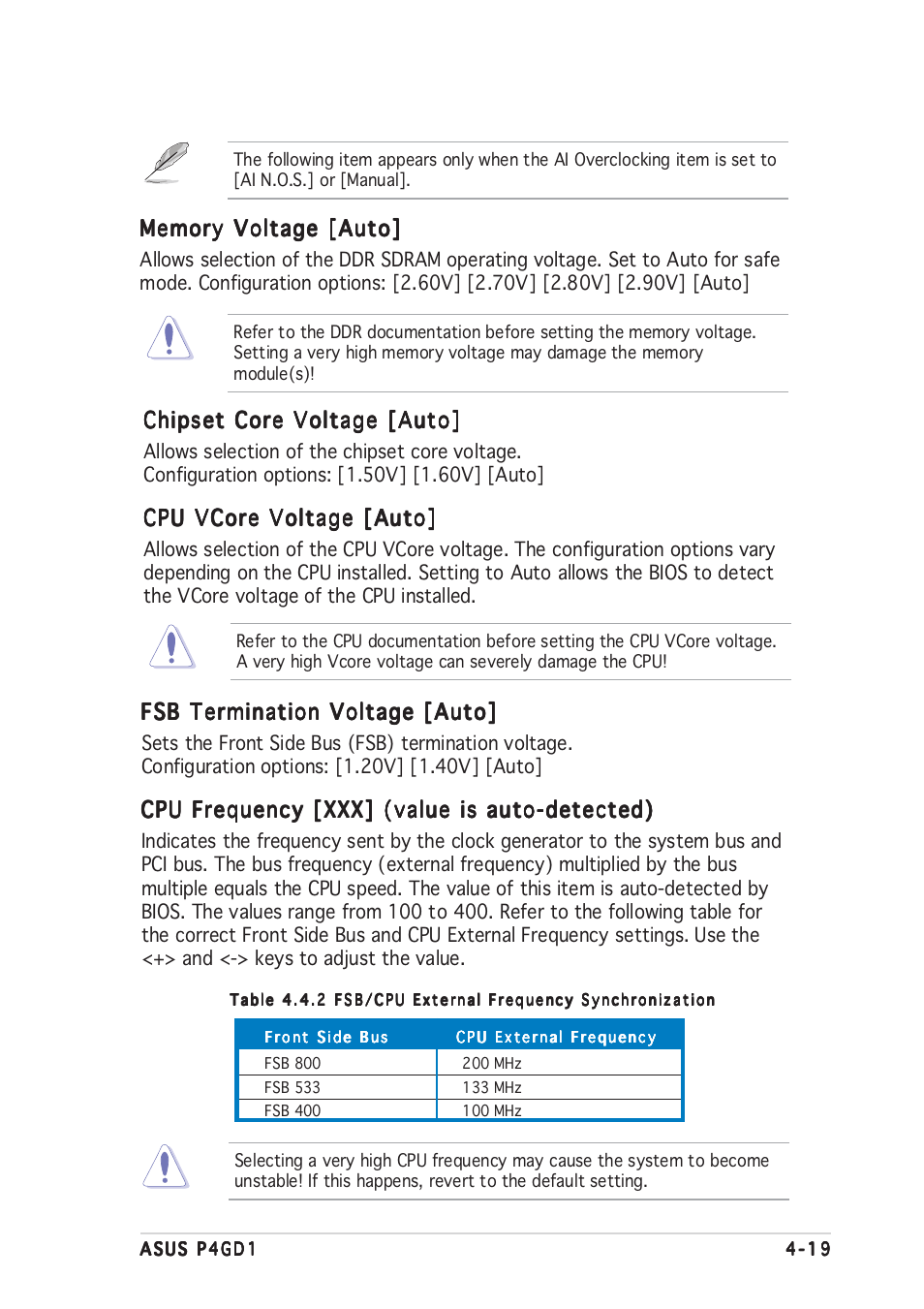 Fsb termination voltage [auto, Cpu frequency [xxx] (value is auto-detected), Chipset core voltage [auto | Cpu vcore voltage [auto | Asus P4GD1 User Manual | Page 77 / 122