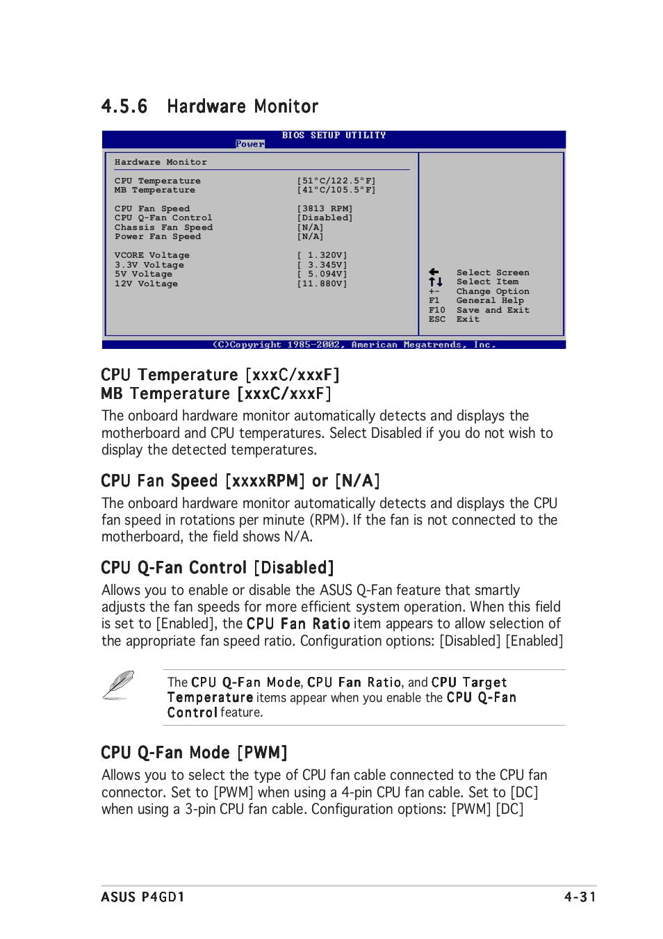 Cpu temperature [xxxc/xxxf, Cpu q-fan control [disabled, Cpu q-fan mode [pwm | Asus P4GD1 User Manual | Page 89 / 122