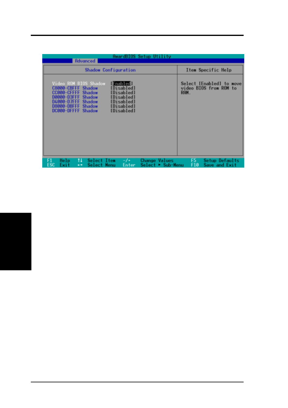 Bios setup, 4 shadow configuration | Asus CUPLE-VM JumperFree PC133 User Manual | Page 62 / 92