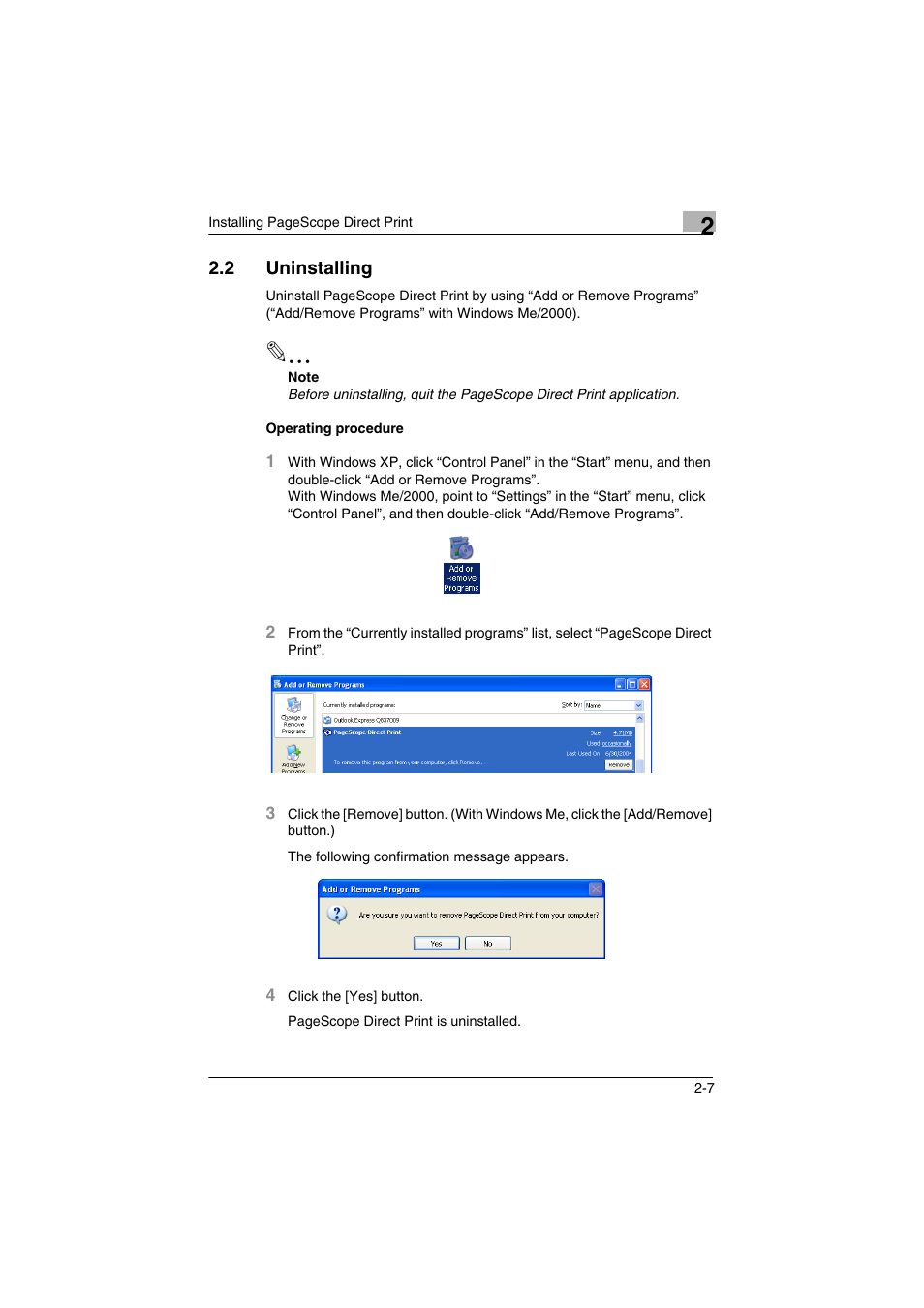 2 uninstalling, Uninstalling -7 | Konica Minolta bizhub C31P User Manual | Page 14 / 60