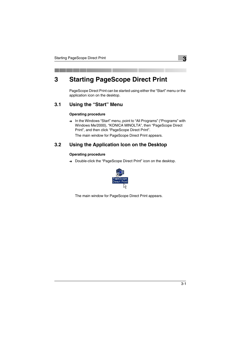 1 using the “start” menu, 2 using the application icon on the desktop, Using the “start” menu -1 | Using the application icon on the desktop -1, 3starting pagescope direct print | Konica Minolta bizhub C31P User Manual | Page 16 / 60