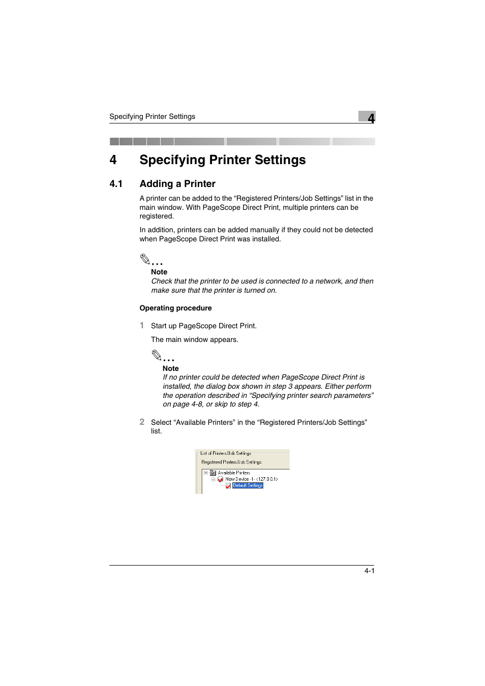 4 specifying printer settings, 1 adding a printer, Specifying printer settings | Adding a printer -1, 4specifying printer settings | Konica Minolta bizhub C31P User Manual | Page 20 / 60