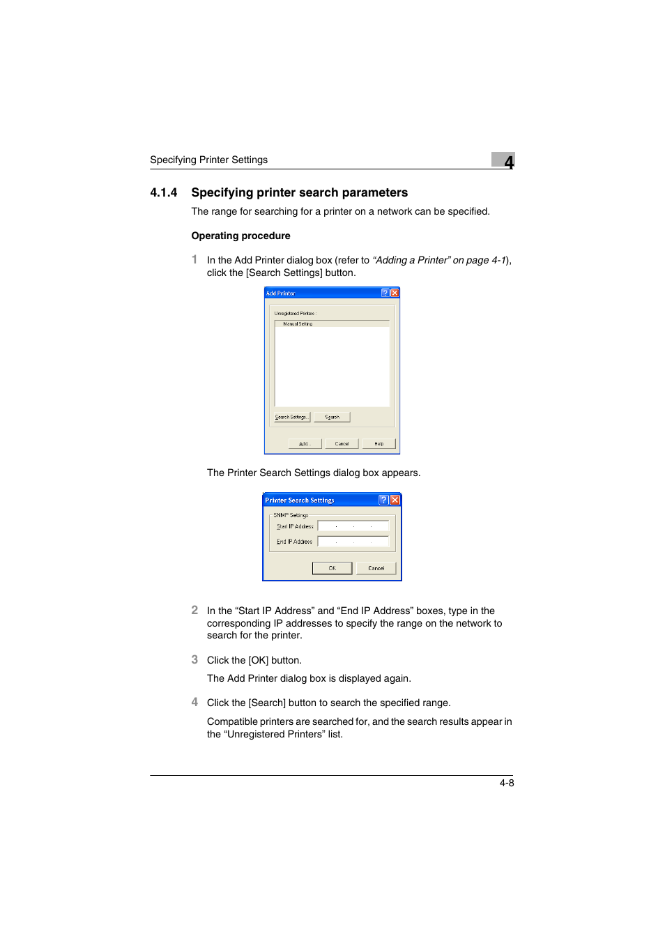 4 specifying printer search parameters, Specifying printer search parameters -8 | Konica Minolta bizhub C31P User Manual | Page 27 / 60