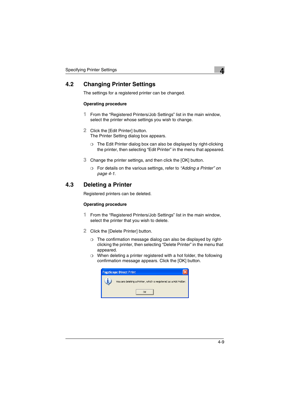 2 changing printer settings, 3 deleting a printer, Changing printer settings -9 | Deleting a printer -9 | Konica Minolta bizhub C31P User Manual | Page 28 / 60