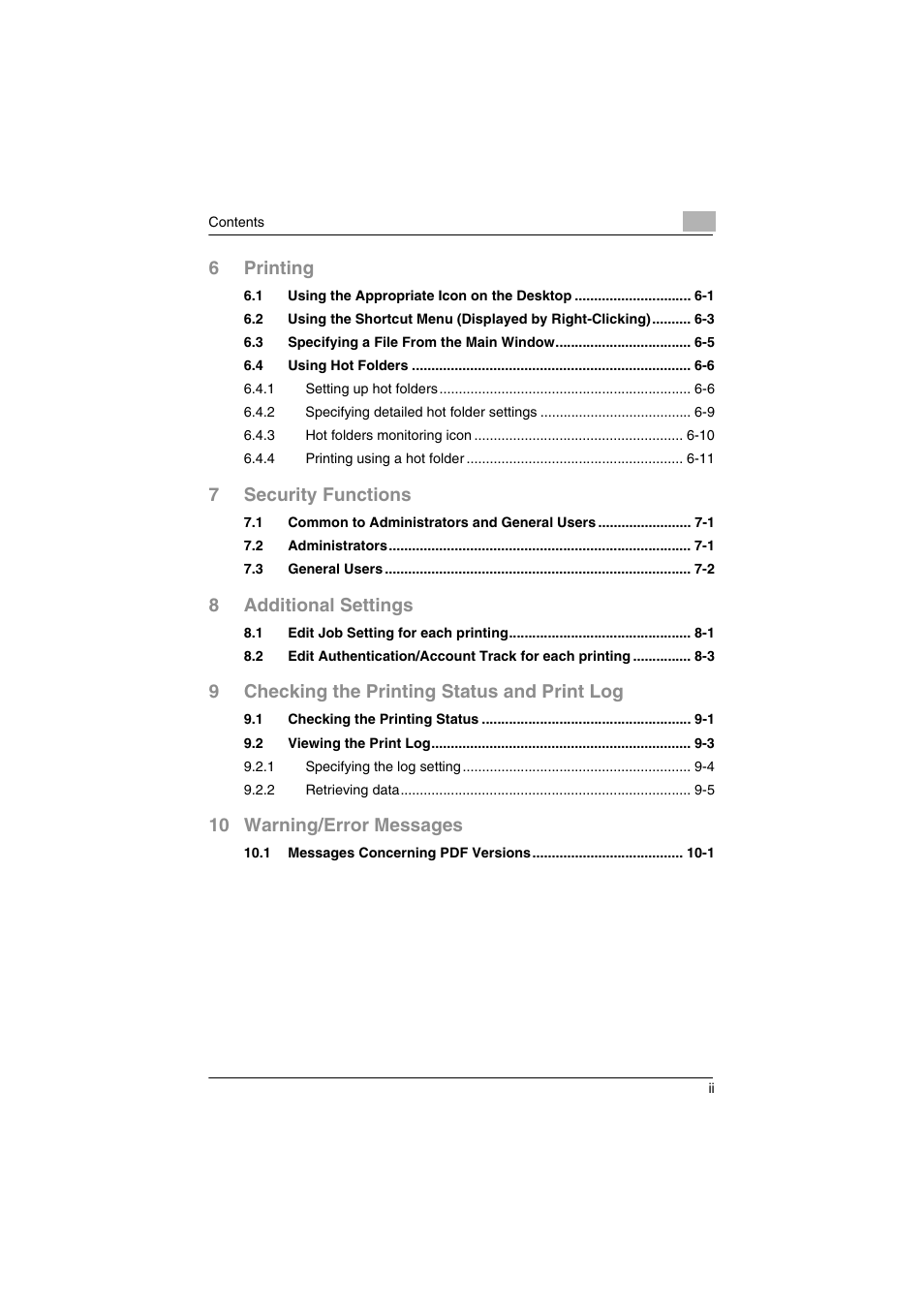 6printing, 7security functions, 8additional settings | 9checking the printing status and print log, 10 warning/error messages | Konica Minolta bizhub C31P User Manual | Page 3 / 60