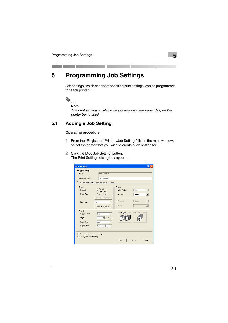 5 programming job settings, 1 adding a job setting, Programming job settings | Adding a job setting -1, 5programming job settings | Konica Minolta bizhub C31P User Manual | Page 30 / 60