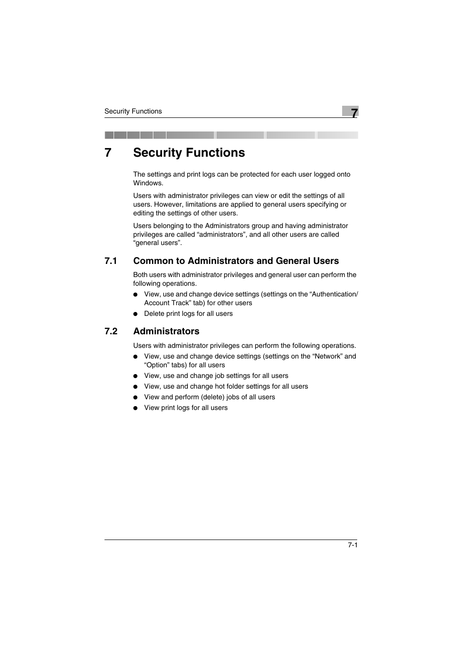 7 security functions, 1 common to administrators and general users, 2 administrators | Security functions, Common to administrators and general users -1, Administrators -1, 7security functions | Konica Minolta bizhub C31P User Manual | Page 46 / 60