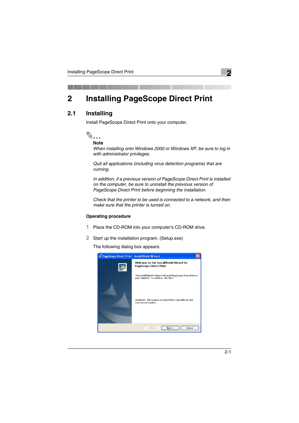 1 installing, Installing -1, 2installing pagescope direct print | Konica Minolta bizhub C31P User Manual | Page 8 / 60