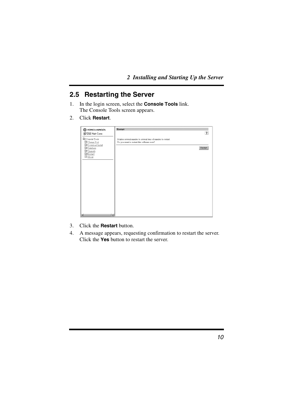 5 restarting the server, Restarting the server | Konica Minolta BIZHUB C30P User Manual | Page 21 / 145