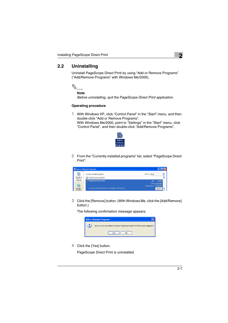 2 uninstalling, Uninstalling -7 | Konica Minolta BIZHUB C30P User Manual | Page 14 / 60