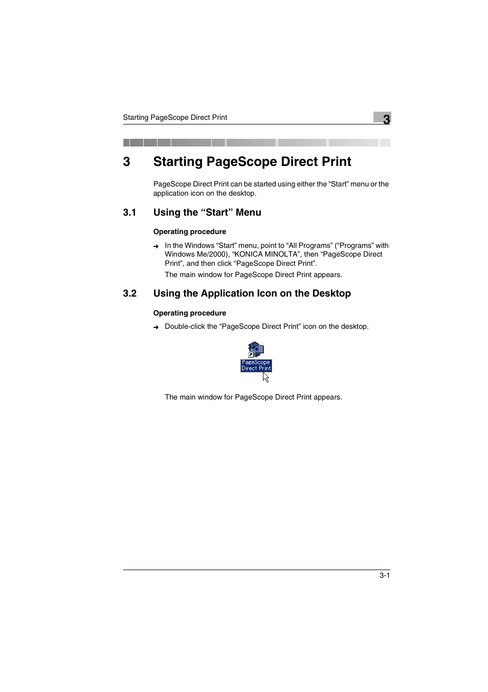 1 using the “start” menu, 2 using the application icon on the desktop, Using the “start” menu -1 | Using the application icon on the desktop -1, 3starting pagescope direct print | Konica Minolta BIZHUB C30P User Manual | Page 16 / 60