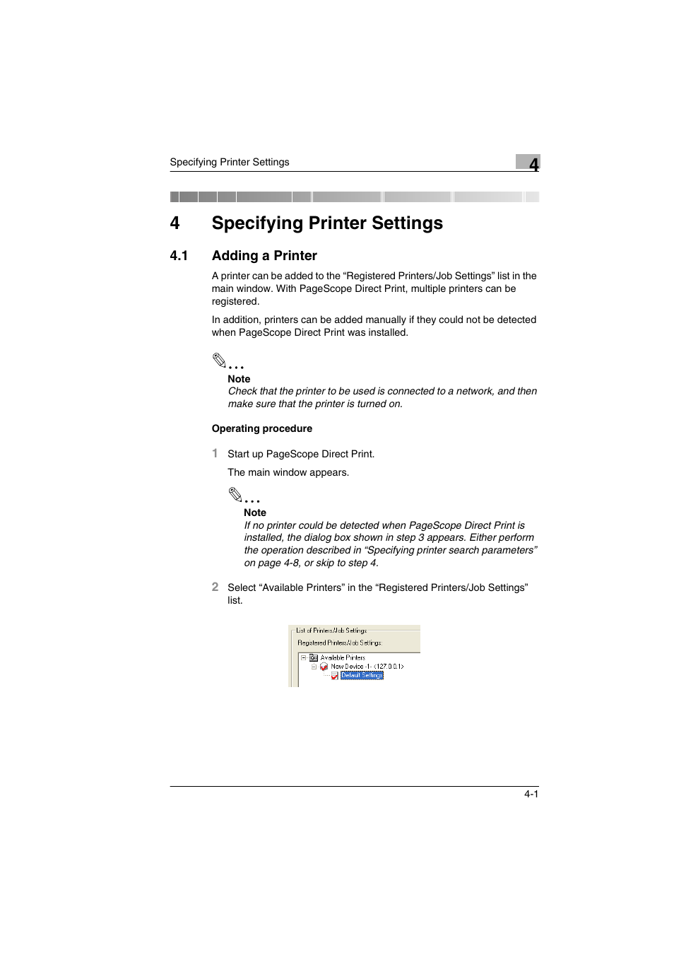 4 specifying printer settings, 1 adding a printer, Specifying printer settings | Adding a printer -1, 4specifying printer settings | Konica Minolta BIZHUB C30P User Manual | Page 20 / 60