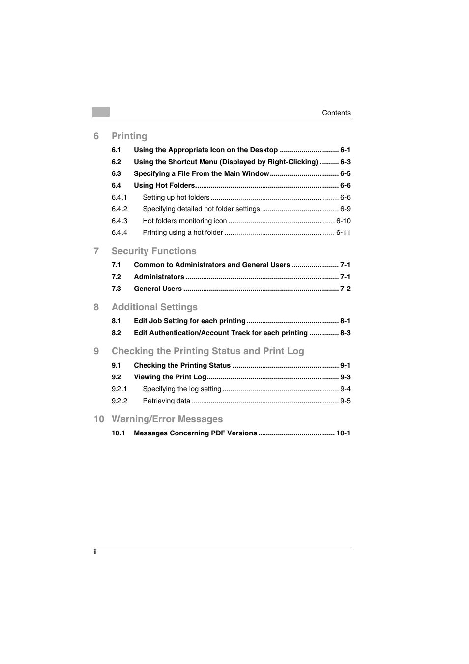 6printing, 7security functions, 8additional settings | 9checking the printing status and print log, 10 warning/error messages | Konica Minolta BIZHUB C30P User Manual | Page 3 / 60
