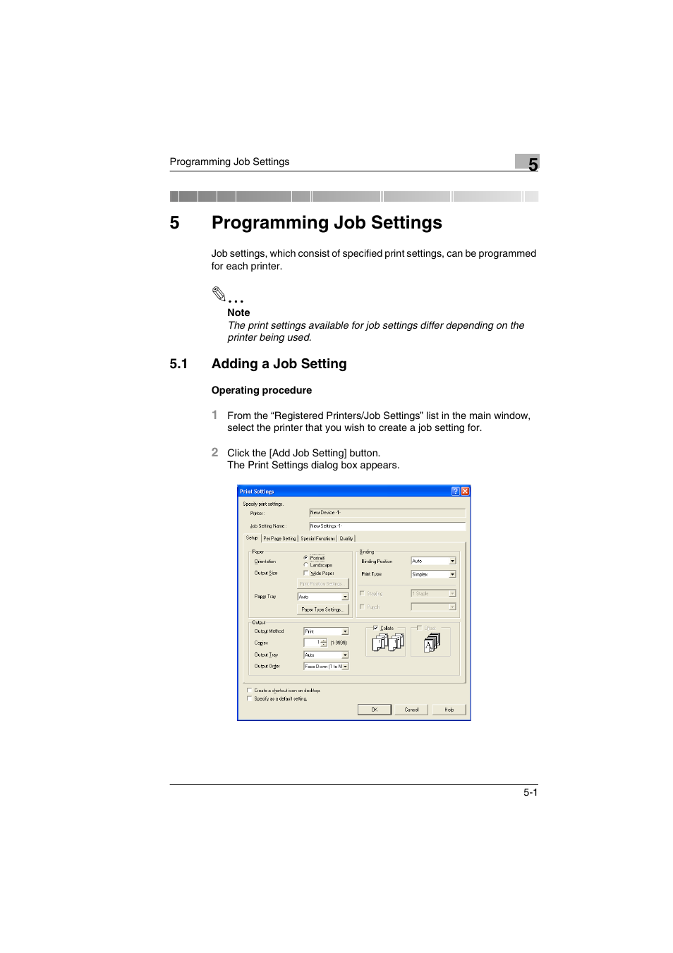 5 programming job settings, 1 adding a job setting, Programming job settings | Adding a job setting -1, 5programming job settings | Konica Minolta BIZHUB C30P User Manual | Page 30 / 60