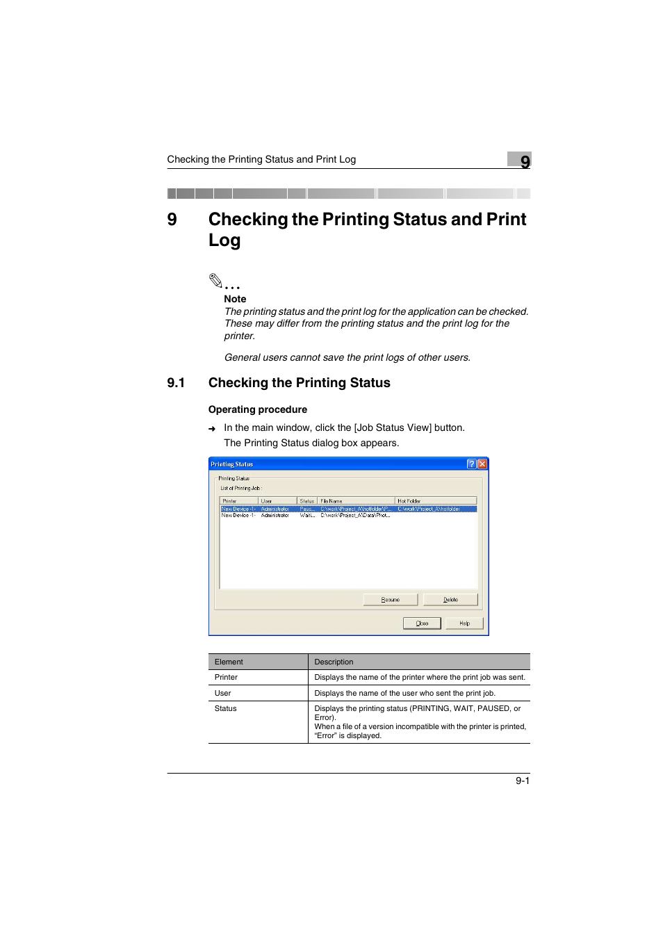 9 checking the printing status and print log, 1 checking the printing status, Checking the printing status and print log | Checking the printing status -1, 9checking the printing status and print log | Konica Minolta BIZHUB C30P User Manual | Page 52 / 60