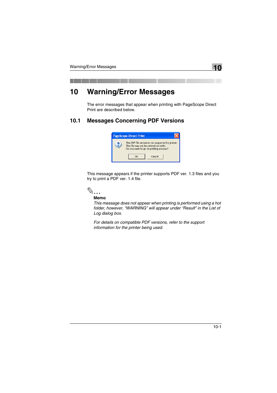 10 warning/error messages, 1 messages concerning pdf versions, Messages concerning pdf versions -1 | Konica Minolta BIZHUB C30P User Manual | Page 58 / 60