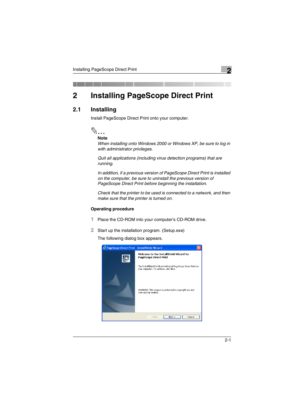 1 installing, Installing -1, 2installing pagescope direct print | Konica Minolta BIZHUB C30P User Manual | Page 8 / 60