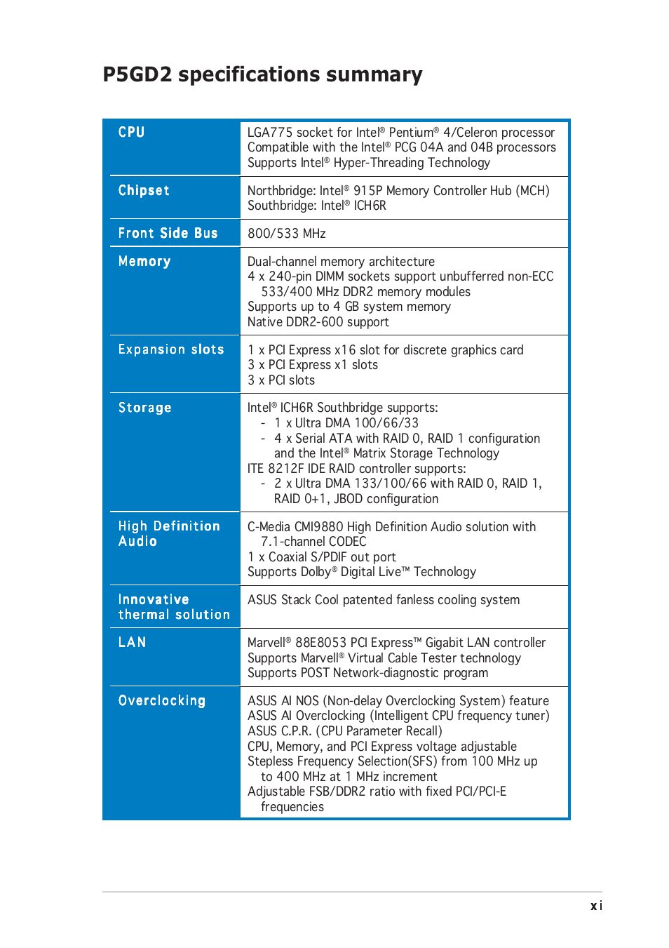 P5gd2 specifications summary | Asus P5GD2 User Manual | Page 11 / 134