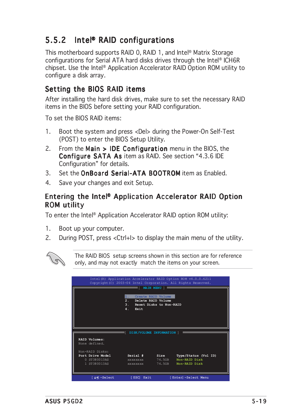 2 intel intel intel intel intel, Raid configurations, Setting the bios raid items | Entering the intel, Application accelerator raid option | Asus P5GD2 User Manual | Page 123 / 134