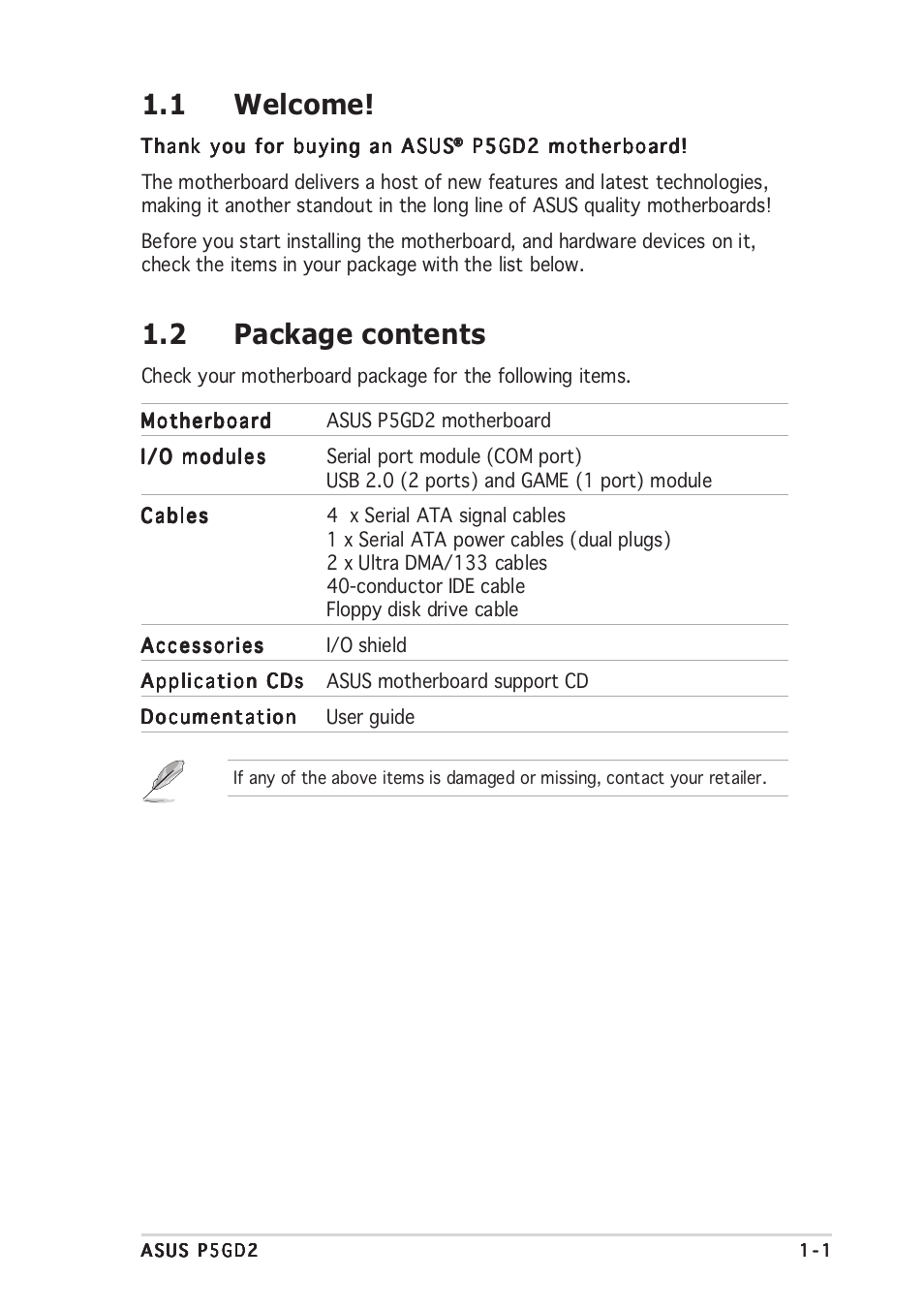 1 welcome, 2 package contents | Asus P5GD2 User Manual | Page 15 / 134