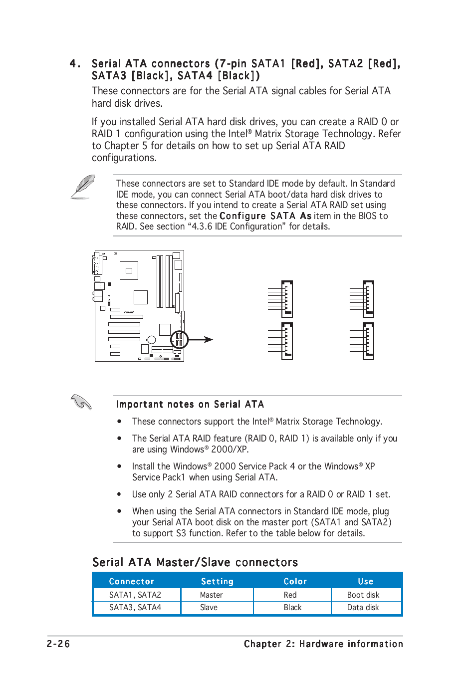 Serial ata master/slave connectors | Asus P5GD2 User Manual | Page 48 / 134