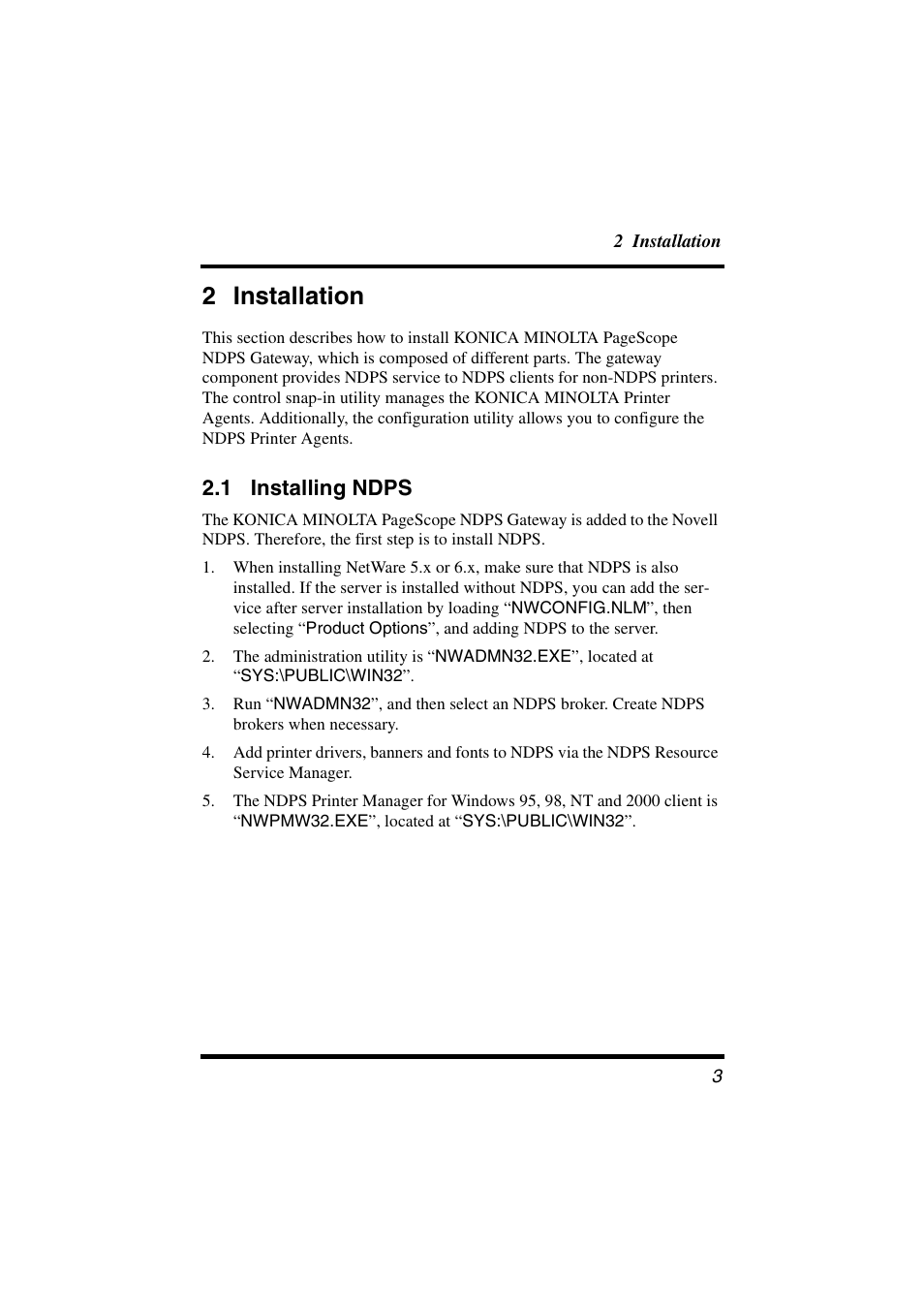 2 installation, 1 installing ndps | Konica Minolta BIZHUB C30P User Manual | Page 10 / 47