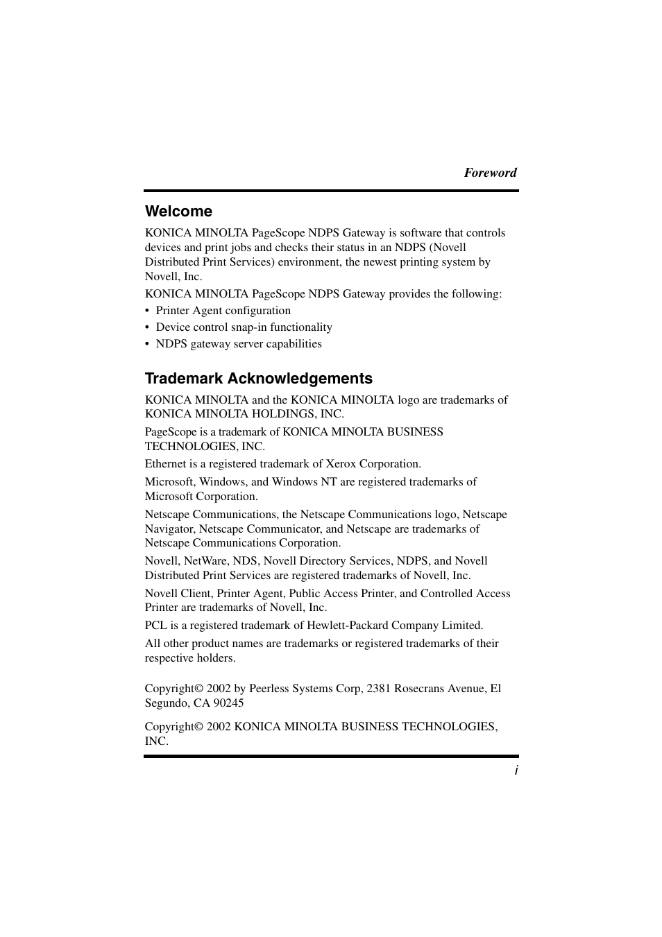 Welcome, Trademark acknowledgements | Konica Minolta BIZHUB C30P User Manual | Page 2 / 47