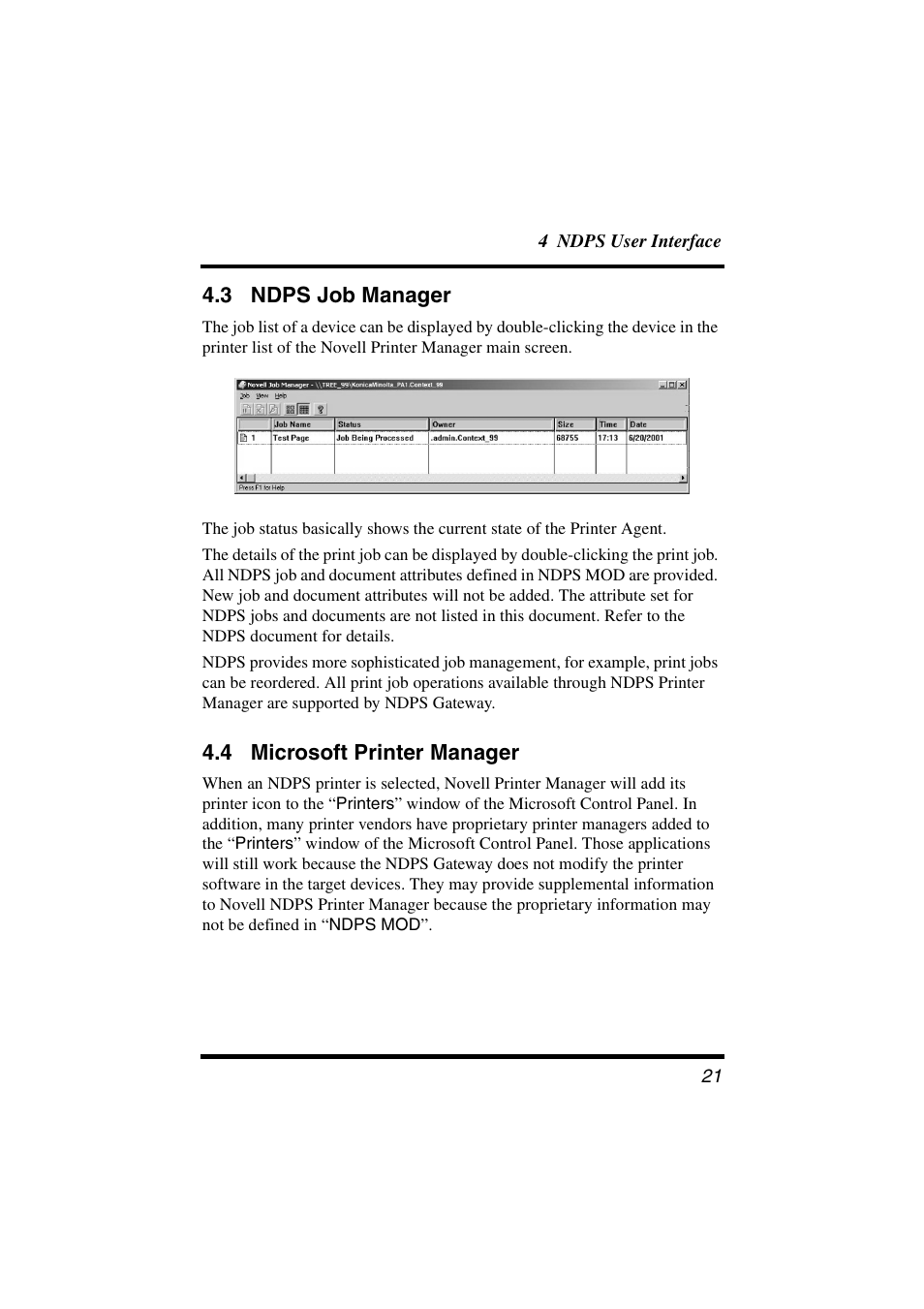 3 ndps job manager, 4 microsoft printer manager | Konica Minolta BIZHUB C30P User Manual | Page 28 / 47