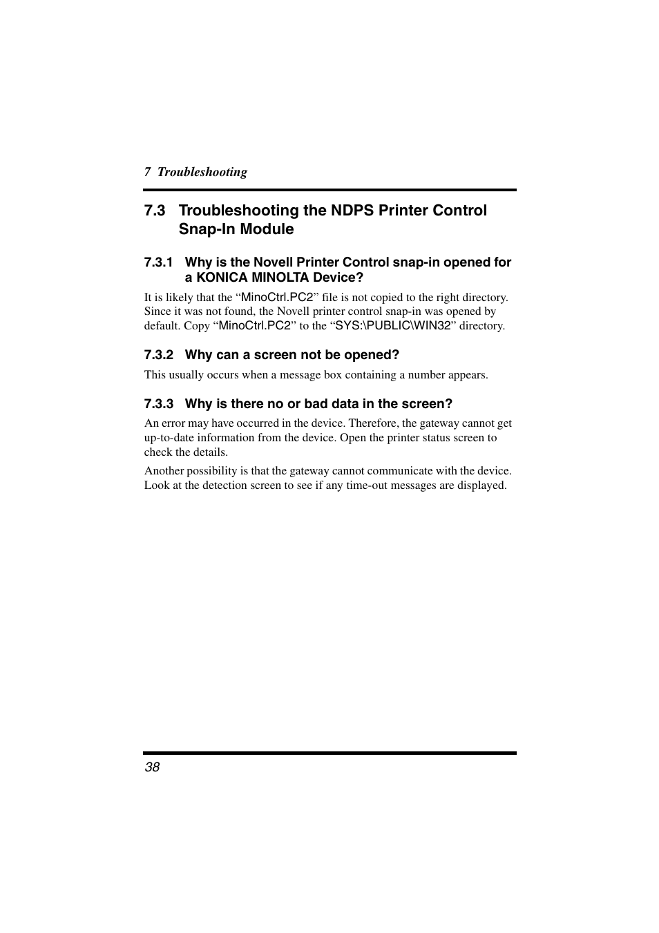 2 why can a screen not be opened, 3 why is there no or bad data in the screen, 3 troubleshooting the ndps printer control | Snap-in module, Why can a screen not be opened, Why is there no or bad data in the screen | Konica Minolta BIZHUB C30P User Manual | Page 45 / 47