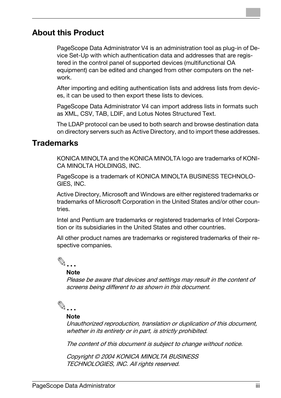 About this product, Trademarks | Konica Minolta bizhub C31P User Manual | Page 4 / 106