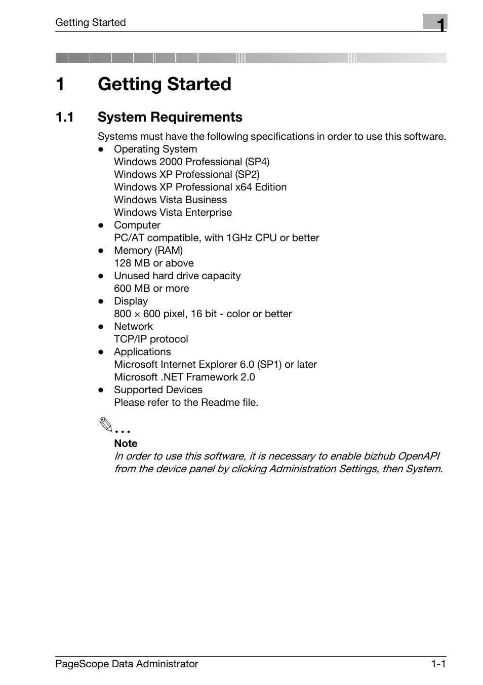 1 getting started, 1 system requirements, Getting started | System requirements -1, 1getting started | Konica Minolta bizhub C31P User Manual | Page 5 / 106
