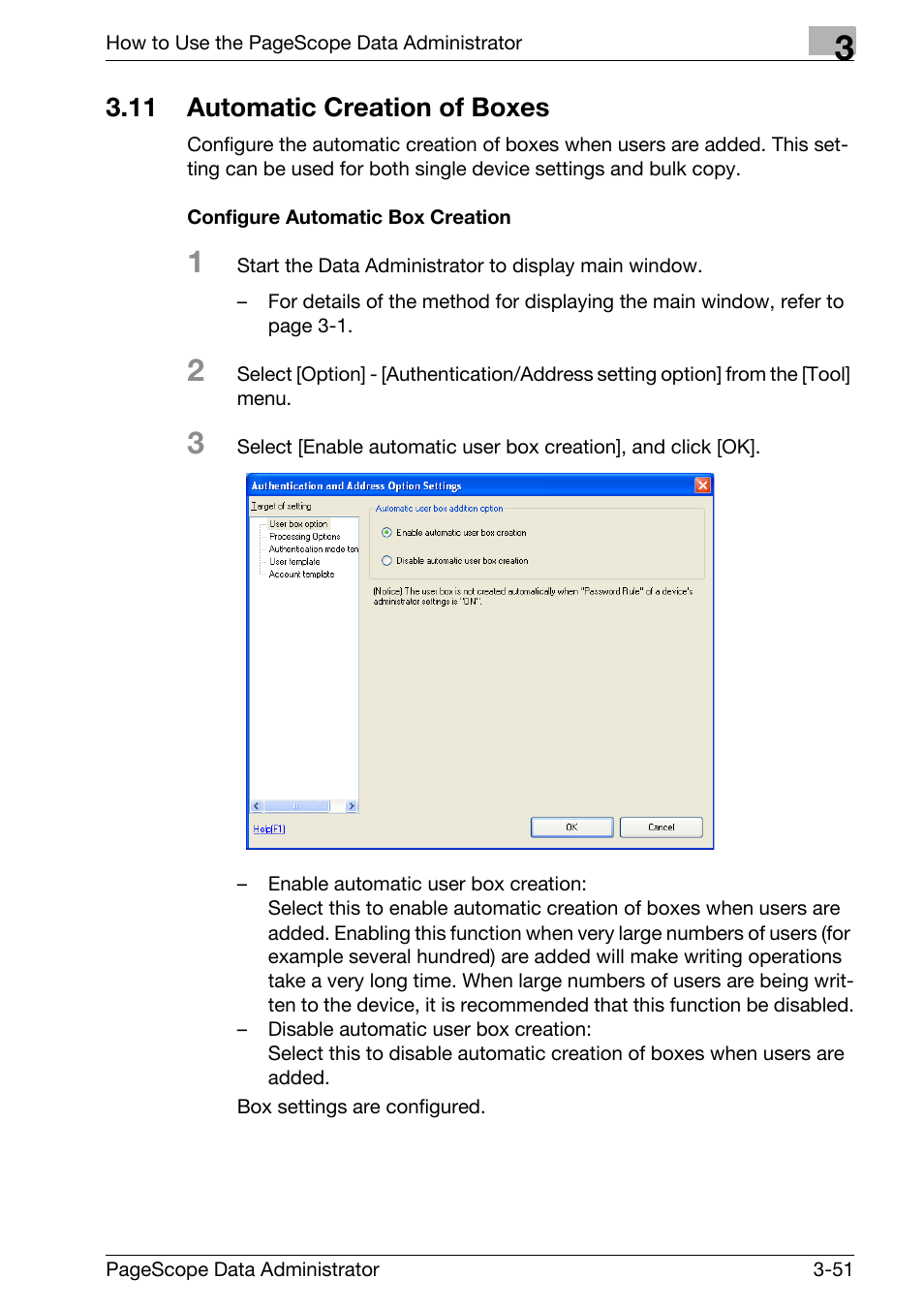 11 automatic creation of boxes, Automatic creation of boxes -51, Configure automatic box creation -51 | Konica Minolta bizhub C31P User Manual | Page 59 / 106