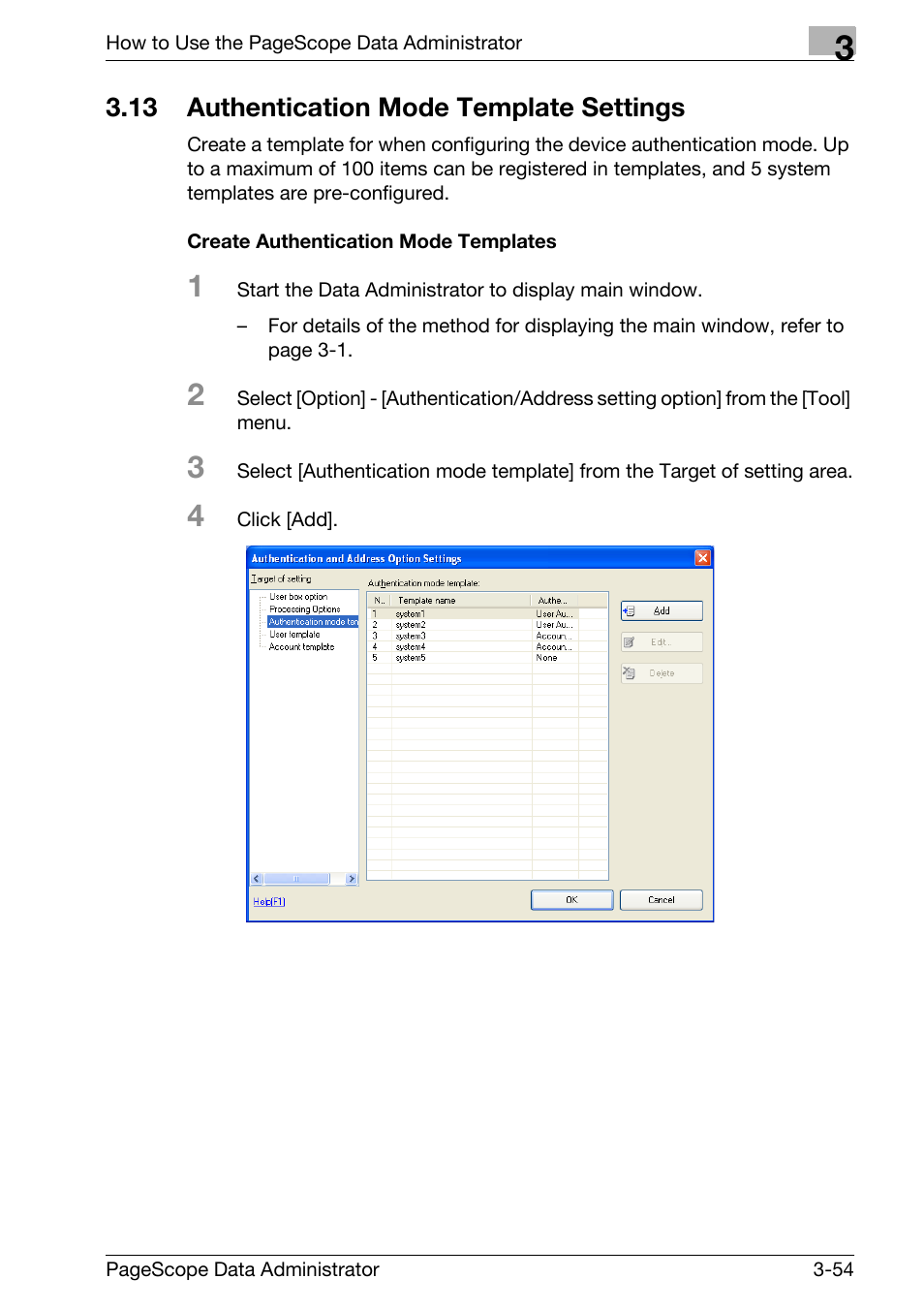 13 authentication mode template settings, Authentication mode template settings -54, Create authentication mode templates -54 | Konica Minolta bizhub C31P User Manual | Page 62 / 106