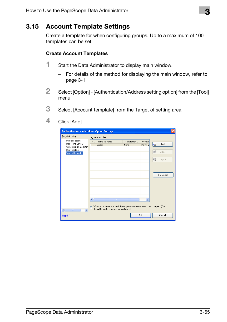 15 account template settings, Account template settings -65, Create account templates -65 | Konica Minolta bizhub C31P User Manual | Page 73 / 106