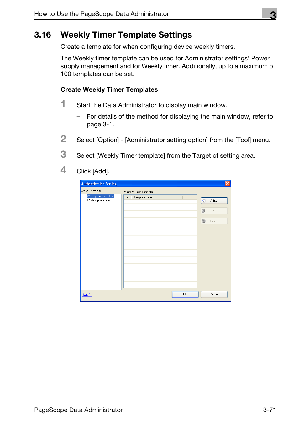 16 weekly timer template settings, Weekly timer template settings -71, Create weekly timer templates -71 | Konica Minolta bizhub C31P User Manual | Page 79 / 106