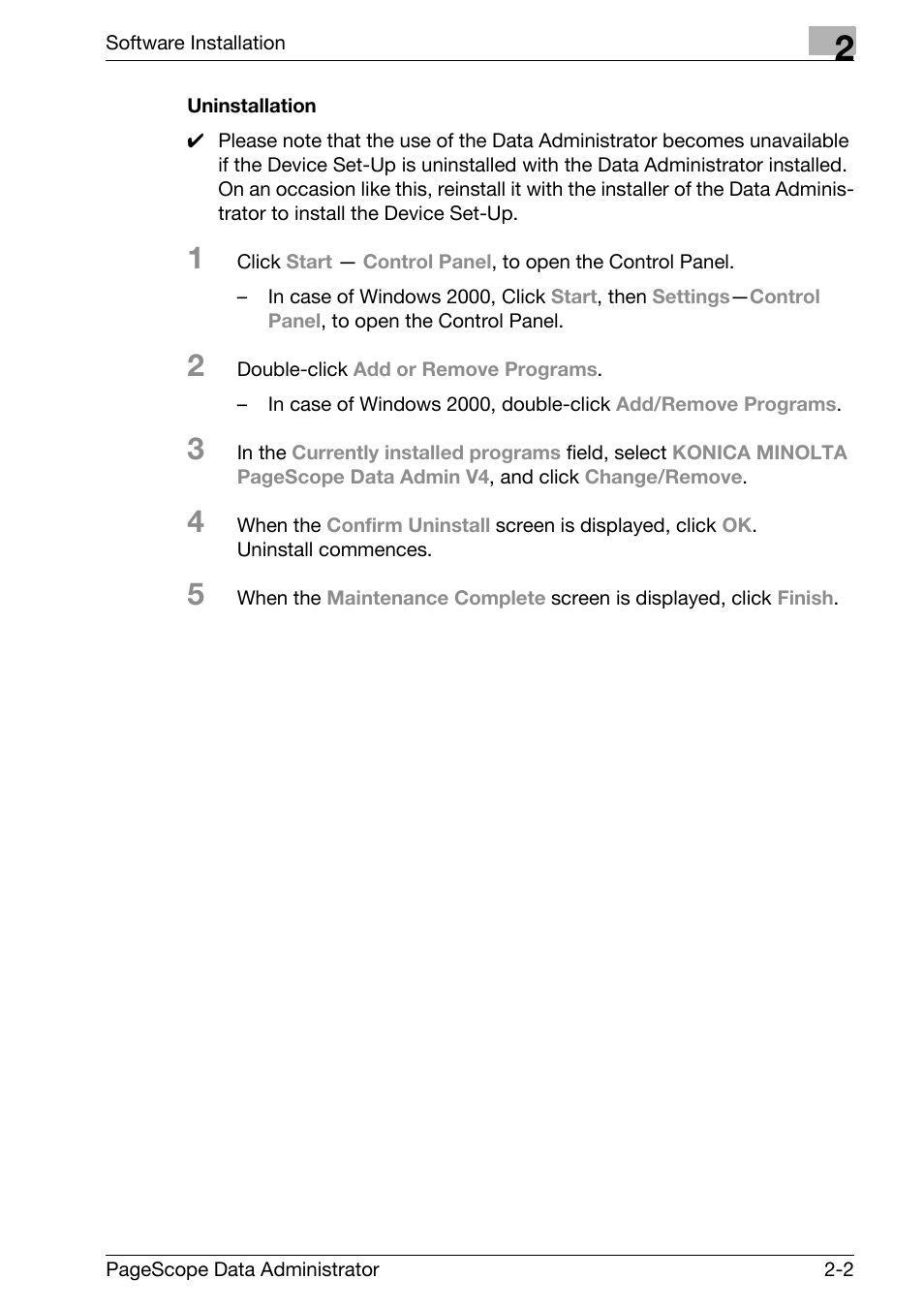 Uninstallation -2 | Konica Minolta bizhub C31P User Manual | Page 8 / 106