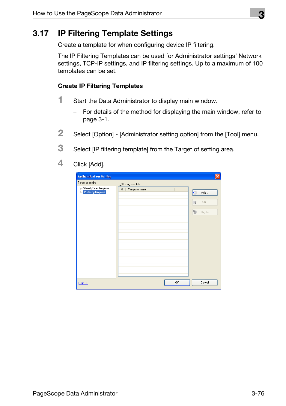 17 ip filtering template settings, Ip filtering template settings -76, Create ip filtering templates -76 | Konica Minolta bizhub C31P User Manual | Page 84 / 106