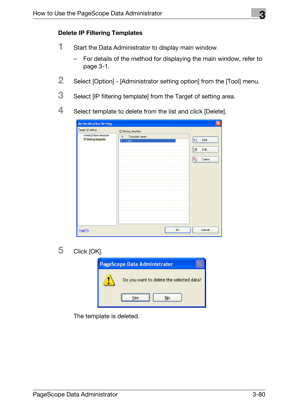 Delete ip filtering templates -80 | Konica Minolta bizhub C31P User Manual | Page 88 / 106
