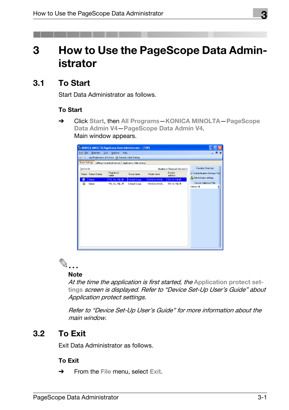 1 to start, 2 to exit, To start -1 | To exit -1, 3how to use the pagescope data admin- istrator | Konica Minolta bizhub C31P User Manual | Page 9 / 106